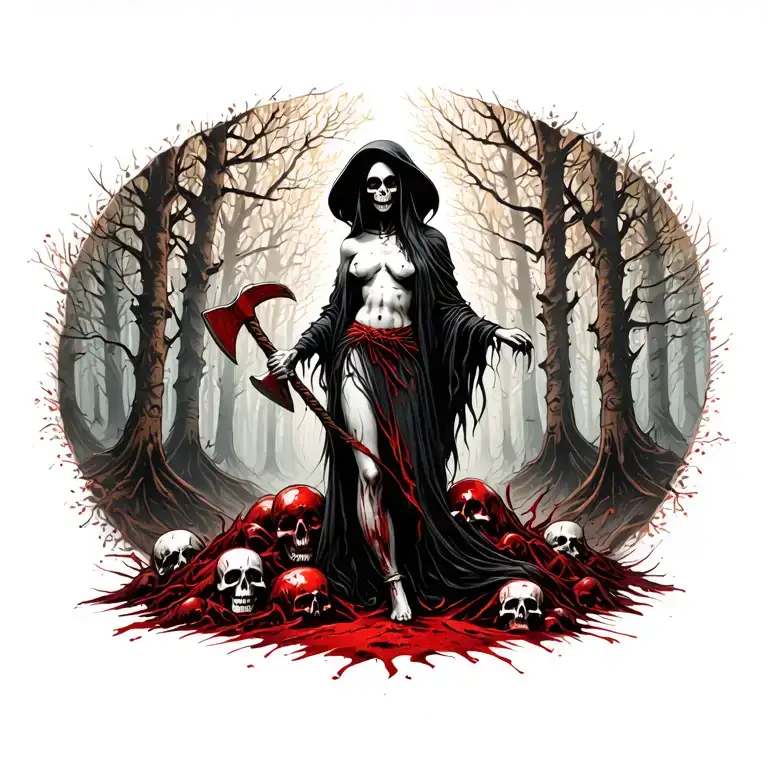 topless female grim reaper standing on a pile of bloody skulls in the woods holding a tomahawk  tattoo design idea