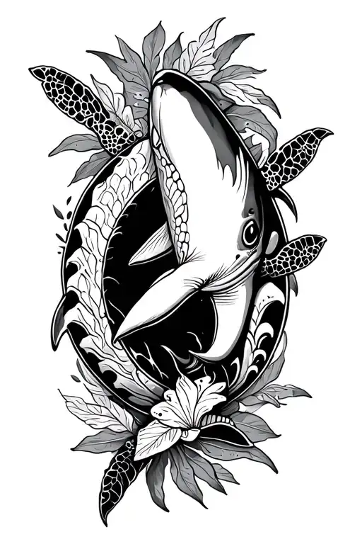 whale turtle and shark Hawaiian kakau style tattoo tattoo design idea