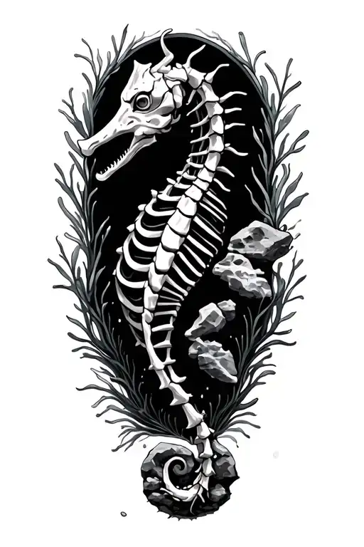 Seahorse skeleton with seaweed and rocks in the background and other sea creatures  tattoo design idea