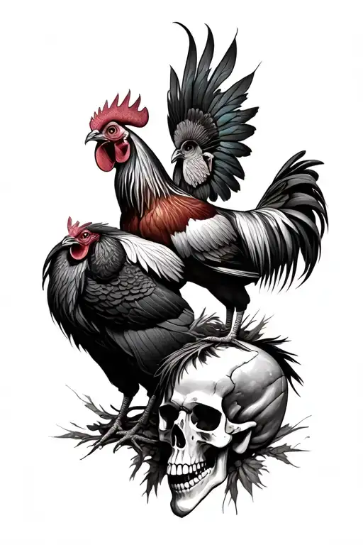 gamefowl roosters fighting each other with skulls underneath tattoo design idea