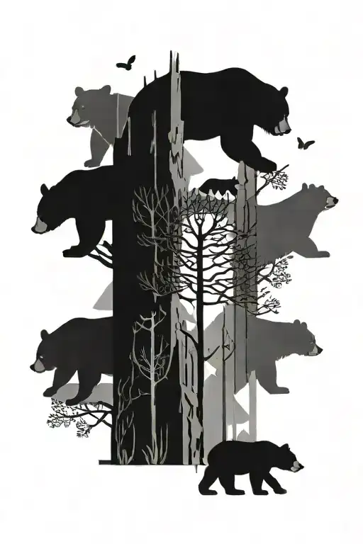 Big Pine tree with 5 small bears surround the bottom. two tiny butterflies flying near the top of the tree tattoo design idea