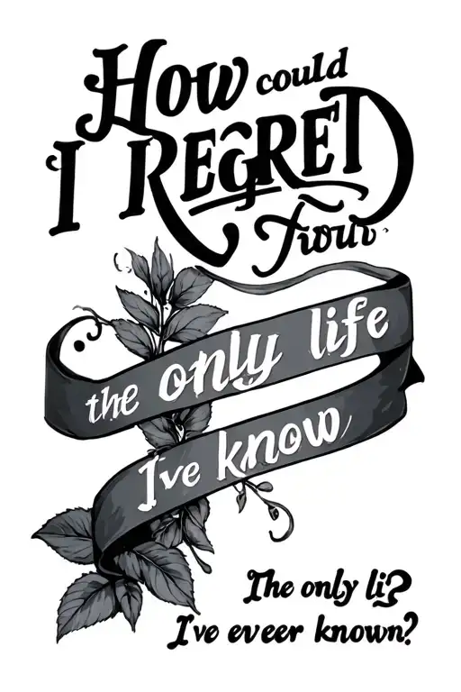 "How could I regret the only life I've ever known?" text tattoo design idea