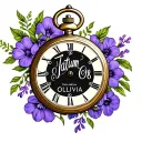 "Tatum Olivia" pocket watch clock 8:08 with purple flowers on the left side tattoo design idea