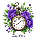 "Tatum Olivia" pocket watch clock 8:08 with purple flowers on the left side tattoo design idea