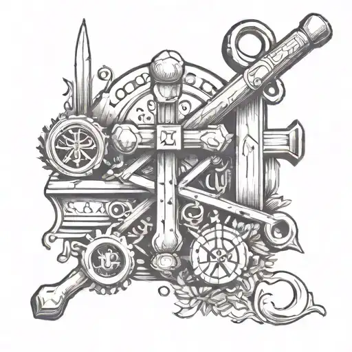 A carpenter's tools tattoo with religious symbols integrated in the design, showcasing the client's occupation and faith tattoo design idea