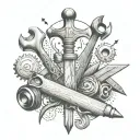 A carpenter's tools tattoo with religious symbols integrated in the design, showcasing the client's occupation and faith tattoo design idea