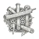 A carpenter's tools tattoo with religious symbols integrated in the design, showcasing the client's occupation and faith tattoo design idea