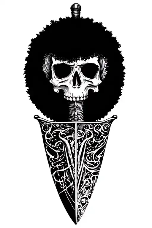 Sharp long dagger with runes shaded skull head text "afro"  tattoo design idea