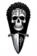 Sharp long dagger with runes shaded skull head text "afro"  tattoo design idea