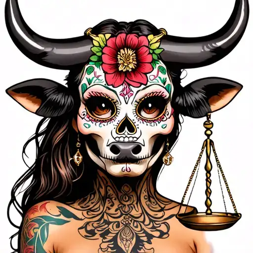 woman body bull with sugar skull markings, brown eyes and two Libra scales with extra dark background tattoo design idea