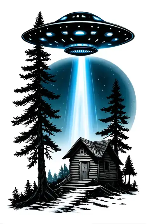 ufo with blue beam over a cabin in the woods tattoo design idea