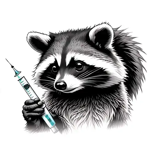 A raccoon holding a medical syringe in a combat pose tattoo design idea
