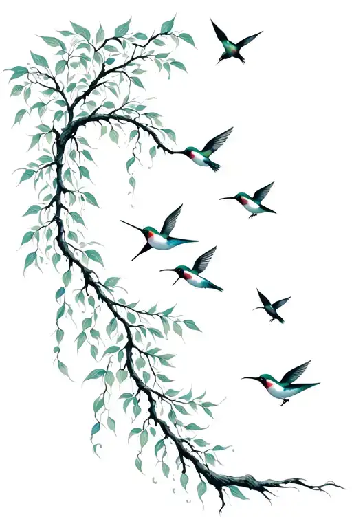 A serene landscape of a weeping willow tree with hummingbirds flitting around it, surrounded by intricate leafy vines tattoo design idea
