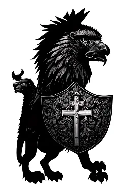 lion and eagle family shield cross royalty tattoo design idea