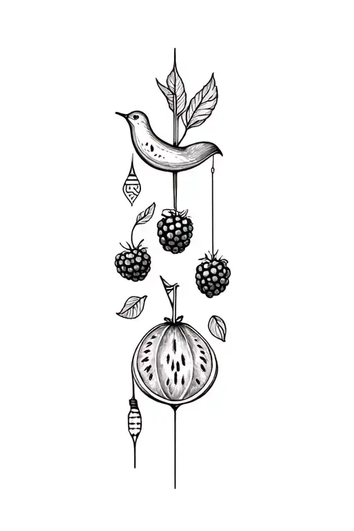 Romantic fine-line tattoo sketch, symbols for Ameliya: watermelon, mandarin, blackberry, swallow, needle with thread, am tattoo design idea