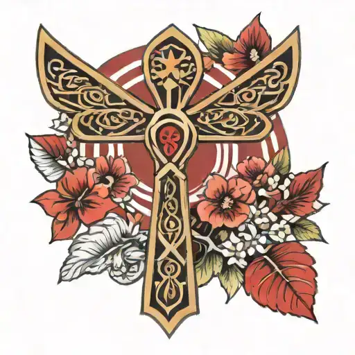 Ankh with Chinese red tree flowers  with the ॐ worked in  tattoo design idea