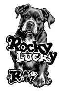"Rocky Luca Rocky" dogbone with names written tattoo design idea