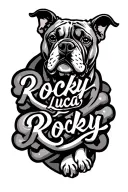 "Rocky Luca Rocky" dogbone with names written tattoo design idea