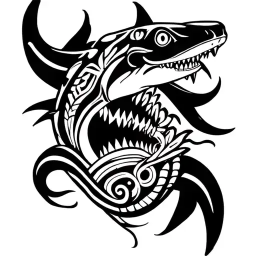 Maori tattoo with shark teeth, a lizard, a shark, a tiki, the ocean and enata tattoo design idea