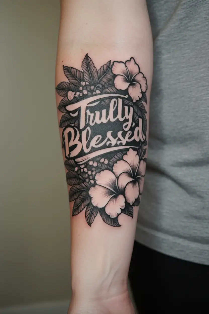 "Truly Blessed" in old english font surrounded by polynesian patterns and  hibiscus flowers  tattoo design idea