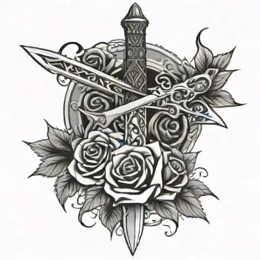 tribal dagger covered in thorns and roses tattoo design idea