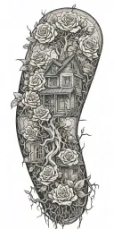 abandoned broken home, tree roots, roses tattoo design idea