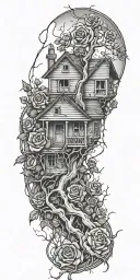 abandoned broken home, tree roots, roses tattoo design idea
