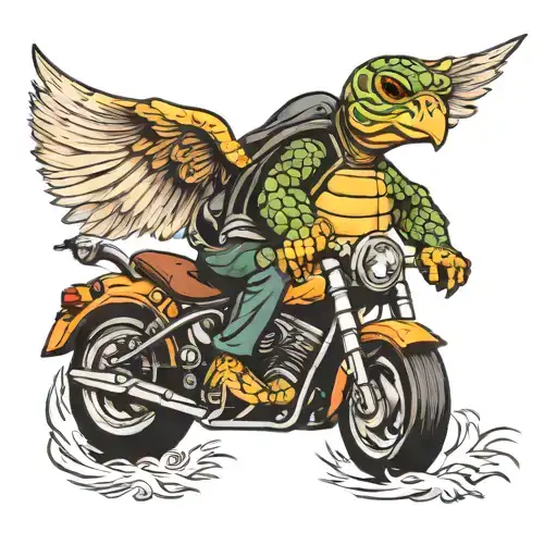 turtle riding a Harley Davidson with angel wings   tattoo design idea