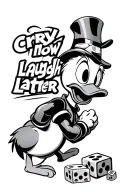 Cry now laugh later mask  and some dices and money rolls or bags and a gangsta Donald Duck in the middle with a classic  tattoo design idea