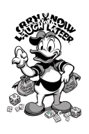 Cry now laugh later mask  and some dices and money rolls or bags and a gangsta Donald Duck in the middle with a classic  tattoo design idea