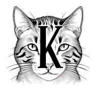 letter K with minimal cat ears and whiskers, non symmetrical, based on a bengal cat tattoo design idea