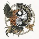 Yin Yang with endless knot inside symbolizing tattoo design idea