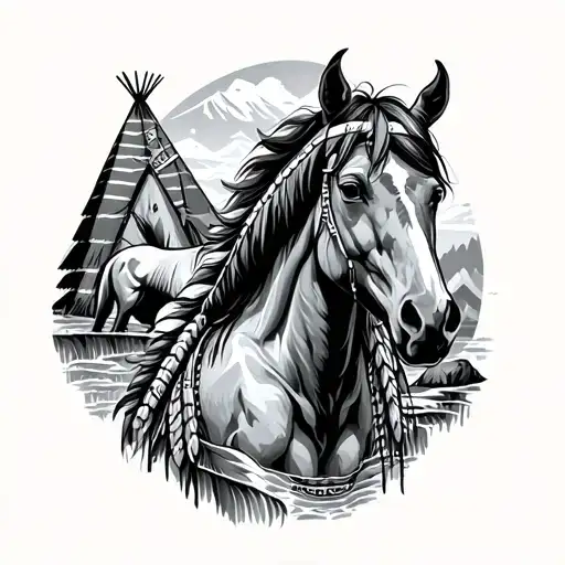 native American, horses moutains, rivers, tepees tattoo design idea