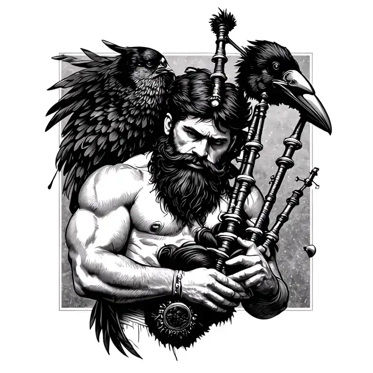 bagpiper with black beard with crow featherd muscular body with a mans head and hands playing blackbagpipes tattoo design idea