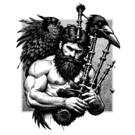 bagpiper with black beard with crow featherd muscular body with a mans head and hands playing blackbagpipes tattoo design idea