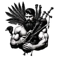 bagpiper with black beard with crow featherd muscular body with a mans head and hands playing blackbagpipes tattoo design idea