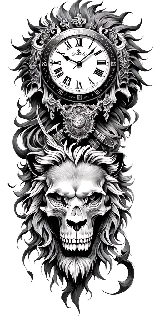 Clock Skull Lion Samurai tattoo design idea