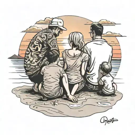 A boy, a mom and a dad sitting on the beach looking at the sunset tattoo design idea