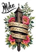 tower of flowers with name mikee wrapped around a cross tattoo design idea