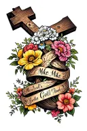 tower of flowers with name mikee wrapped around a cross tattoo design idea