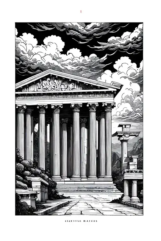 > Greek architecture patterns, meander borders, temple columns, ruins, storm clouds in bold lines. Flows circularly, mi tattoo design idea