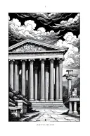 > Greek architecture patterns, meander borders, temple columns, ruins, storm clouds in bold lines. Flows circularly, mi tattoo design idea