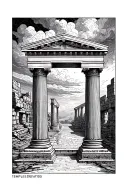 > Greek architecture patterns, meander borders, temple columns, ruins, storm clouds in bold lines. Flows circularly, mi tattoo design idea