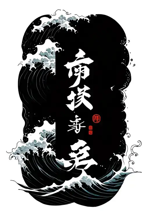 Chinese vertical lettering against the backdrop of shadowy sea waves tattoo design idea