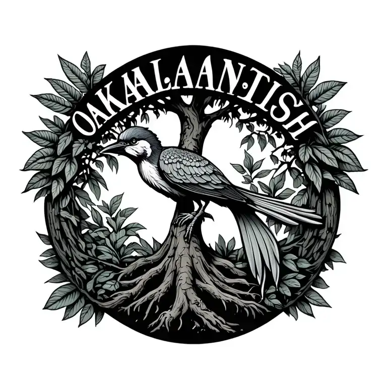 Oaklandish tree logo with quetzal bird around it with its long tail tattoo design idea