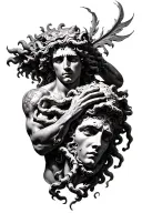 “A highly detailed black and grey tattoo design of Perseus holding the severed head of Medusa, in a dynamic and heroic p tattoo design idea