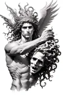 “A highly detailed black and grey tattoo design of Perseus holding the severed head of Medusa, in a dynamic and heroic p tattoo design idea