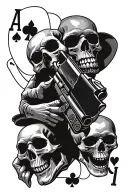 Speak no evil, see no evil, hear no evil. As skulls with hands.  4 ace cards, with western gun black and white  tattoo design idea
