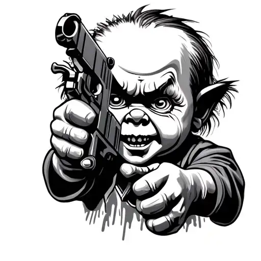 gangster chucky with gun tattoo design idea