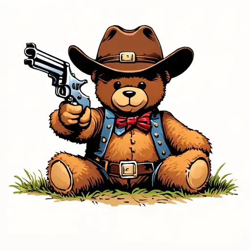 cute cowboy teddy bear holding up and shooting a revolver facing forward tattoo design idea